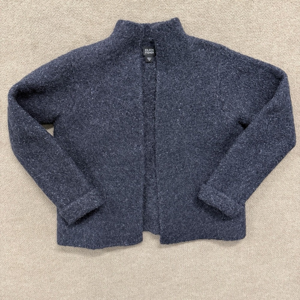 Eileen Fisher Alpaca Blue Black Open Front Cardigan Sweater Woman's Size M - Picture 2 of 8